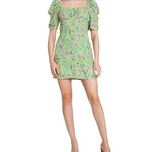 WAYF Liv Green Floral Puff Sleeve Mini Dress Scoop Neck Back Tie Detail Size L